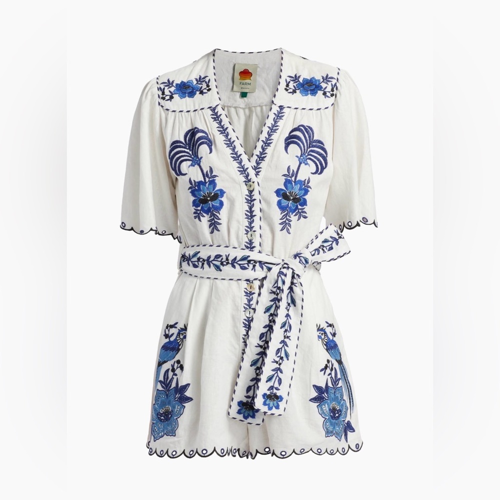 FARM Rio White Romper with Blue Floral Embroidery